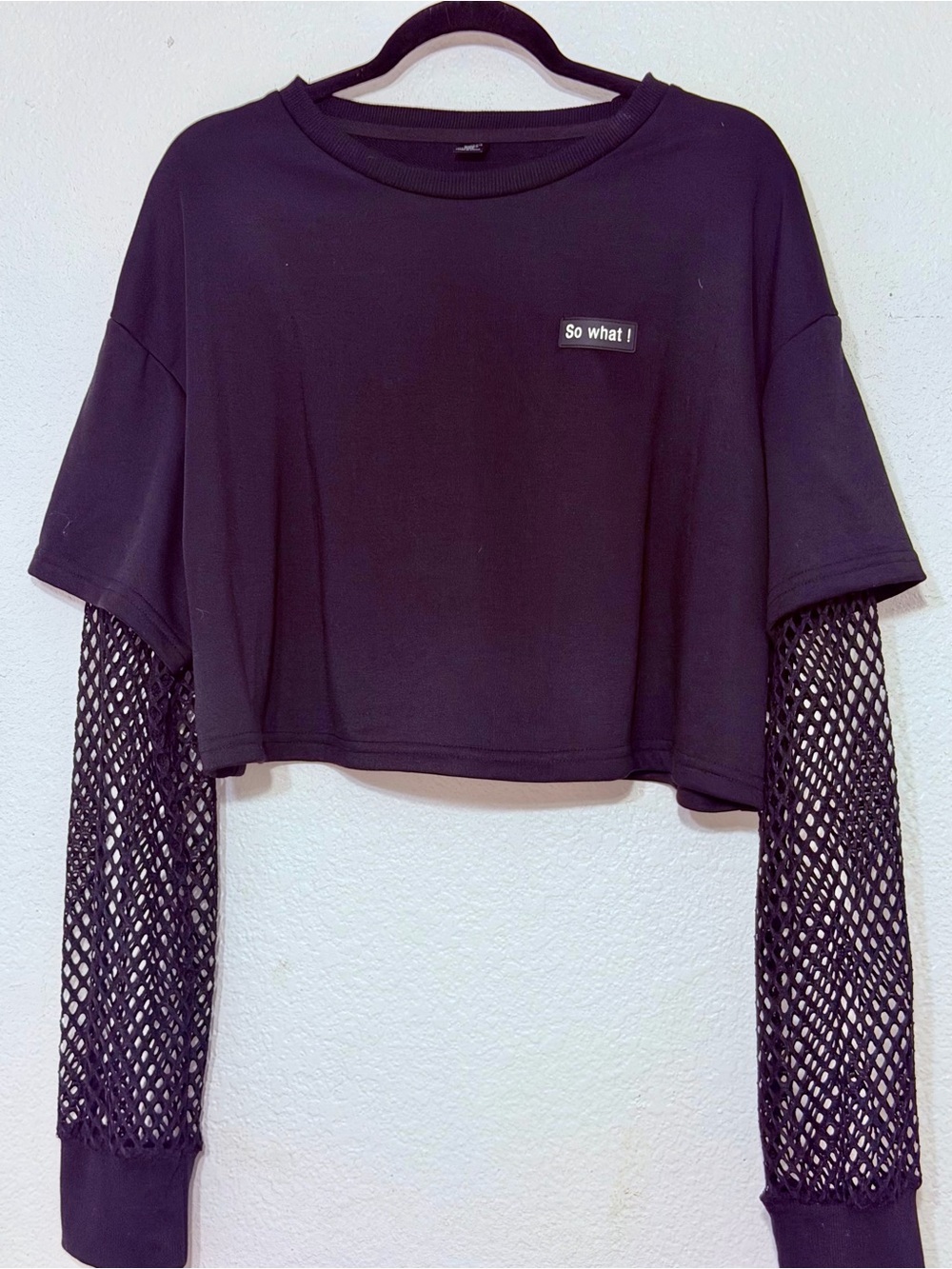 SHEIN Black Cropped Tee with Fishnet Long Sleeves